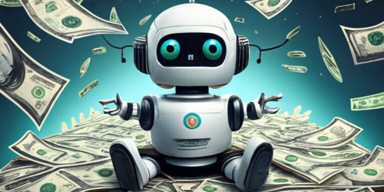 money flying around cute AI robot poster e1701873004630