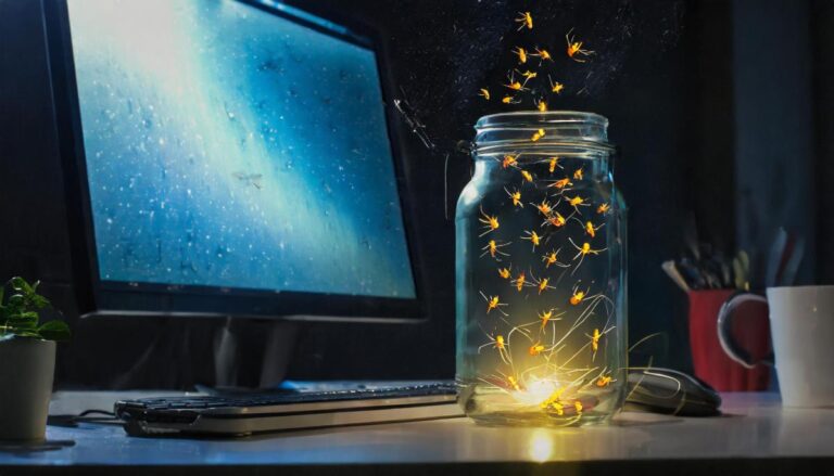Firefly fireflies emerge from an opened glass mason jar in front of a computer screen in a dark offi