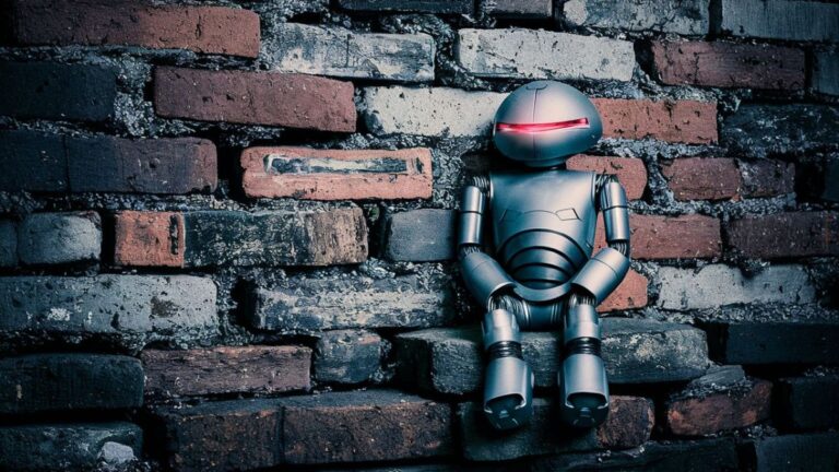robot sitting on a wall of bricks