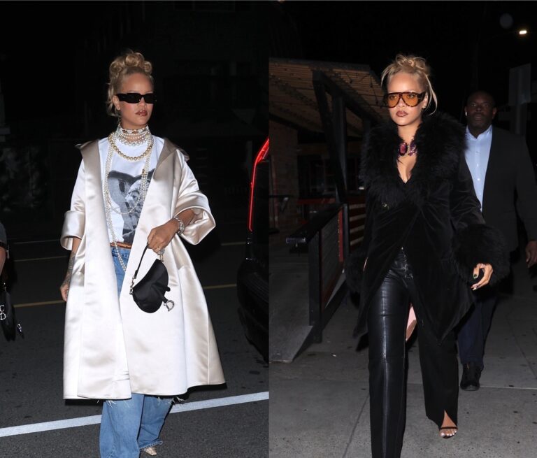 Rihanna Steps out in Adam Lippes Satin Coat and Balenciaga Jeans Black Vivienne Westwood Fur Cuff Jacket and Tom Ford Shades final 17 1