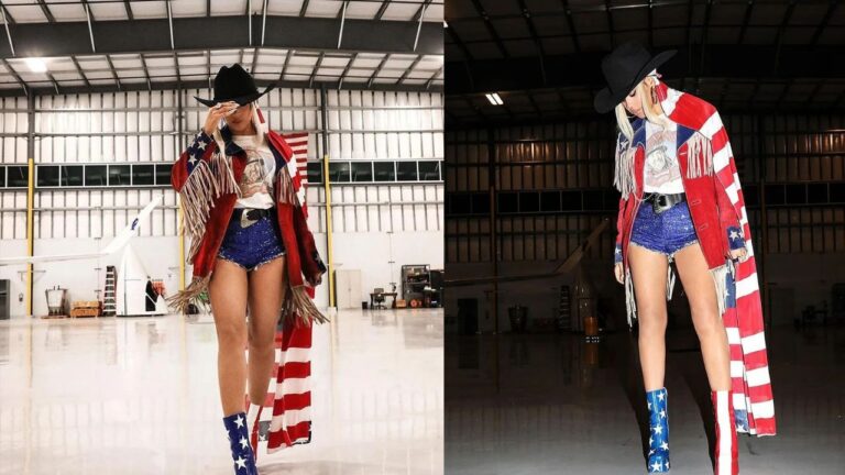 Fashion Bomb Daily Shop Beyonce Showcased Her American Pride in a Patriotic Fringe Jacket Swarovski Shorts an Amina Iris bag and a Willie Nelson Tee That You Can Shop Here6
