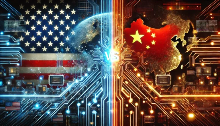 DALL·E 2024 11 28 06.38.49 A visually striking image emphasizing a competition between the United States and China in the field of AI. On the left side a glowing representation