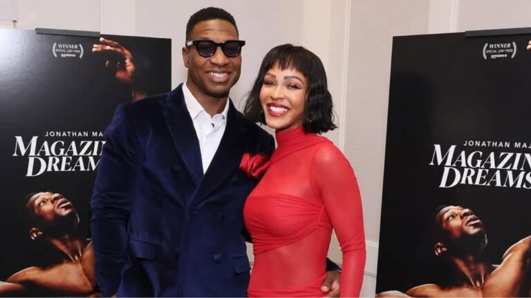 Megan Thee Stallion Posed with Her Husband Jonathan Majors in a Red Do Long Official Dress at the Magazine Dreams Screening Feat image